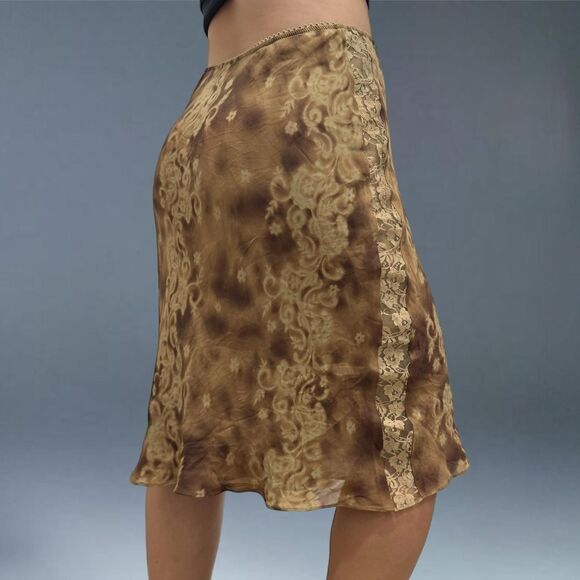 INC International Concepts Silk Skirt 8 Brown Lace Midi Boho Y2K Paisley Fairy - Picture 1 of 7
